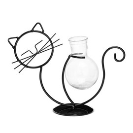 Napco Imports Black Cat 7 x 2 x 9 Inch Metal and Glass Tabletop Plant Propagation Stand or Vase