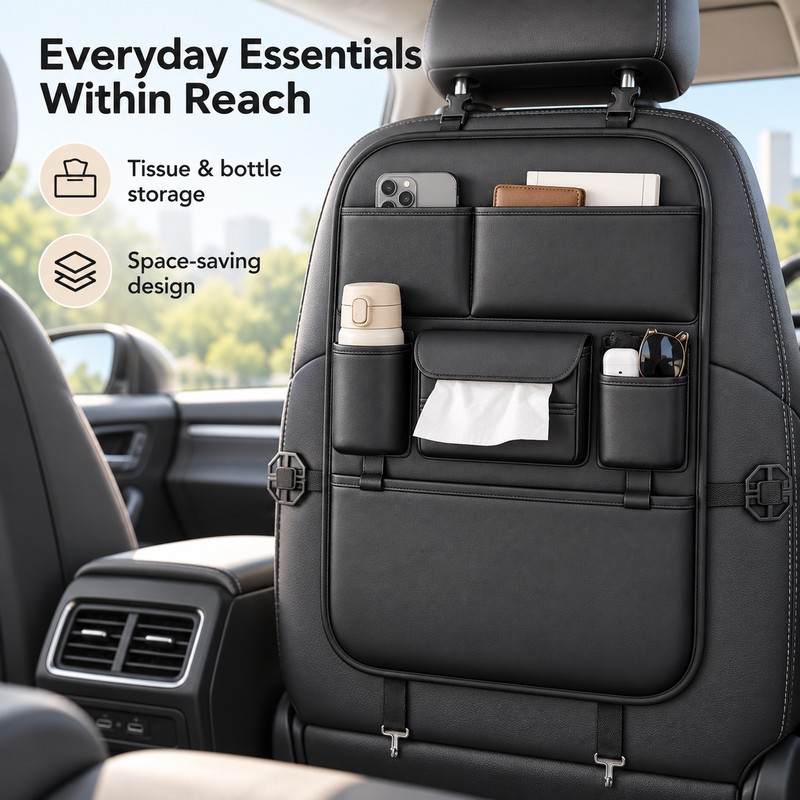 Car Seat Back Organizer for Rear Seat Storage – Black