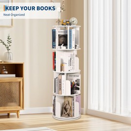 GarveeLife Wooden Rotating Bookshelf 4 Tier, 360° Floor-Standing Bookcase and Multi-Functional Storage Organizer for Living Room, Kids, and Adults White
