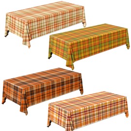 Lenyunge 4PCS Orange Fall Plaid Tablecloth,Checkered Thanksgiving Disposable Tablecloth Waterproof Plastic Autumn Buffalo Plaid Table Cloth for Fall Thanksgiving,54x108Inch