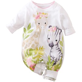Aoswep - Cute Giraffe + Zebra With Floral Print Long Sleeve Baby Girl Clothes White Jumpsuit For Baby One-Piece Romper