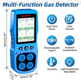 ZYKYCX 4 Gas Monitor Multi Gas Detector for O2, CO, H2S, Combustible Gas Tester, Rechargeable 4 Gas Leak Detector, Digital Gas Meter with Sound, Light & Vibration Alarm, Blue