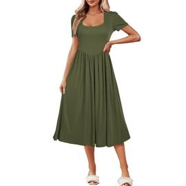 Newshows Womens Summer Dress 2024 Casual Short Sleeve Square Neck Midi Sundress Business Work Church Teacher Dresses(Army Green,M)