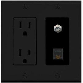 Wallplate City 1 Port CAT6 Coax F-F Wall Plate w-Power Outlet [ BLACK ]