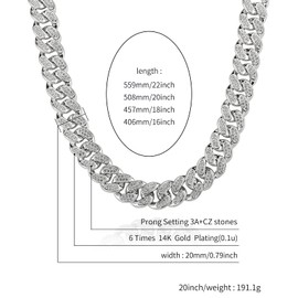 OYOGAA 20mm Diamond Chunky Miami Cuban Link Chain for Men Iced Out 14K Gold Plated Necklace Silver Bracelet Women (24'' Chain, Silver)