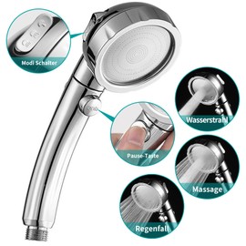 MIAOHUI Water-Saving Shower Head with Water Stop Function, Shower Head with Hose, 3 Jet Types, Shower Head Pressure Increasing, Shower Head with Hose (Shower Head + Hose + Holder, Chrome)