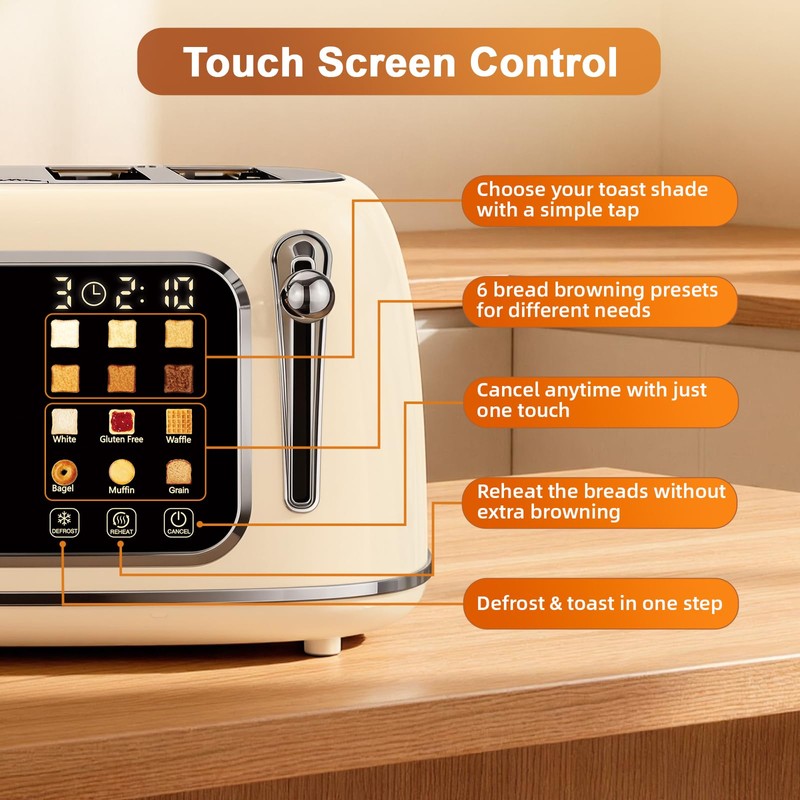 Mecity Toaster 4 Slice, Touch Screen Wide Slot Retro Toaster
