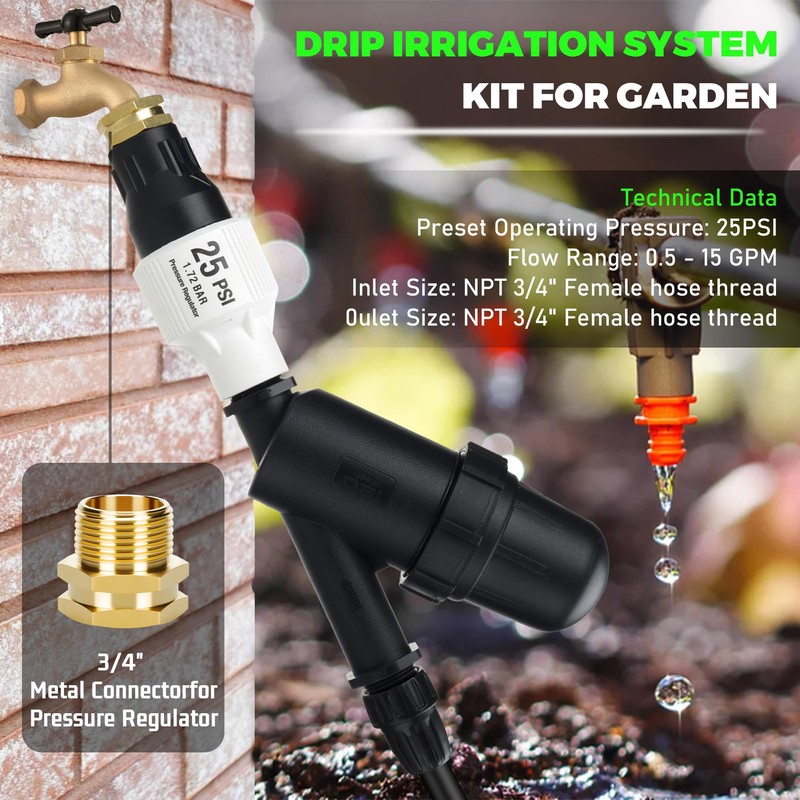 Drip Irrigation Pressure Regulator Kit,25 PSI Pressure Reducer,Inline Drip Irrigation