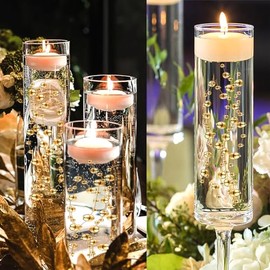 Relleno de jarrón dorado para velas flotantes, jarrones cilíndricos, decoraciones de centro de mesa, 94 pies de cuerdas de perlas sintéticas cortables, relleno para velas flotantes, bodas, cenas