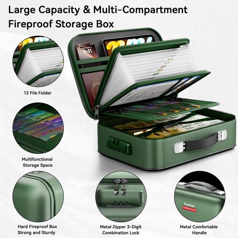 Aollewoiti Fireproof Document Box, Hard Case Fireproof Box with Lock,