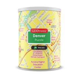 Geotoys Denver Mini City Puzzle - 100 Piece Puzzles for Kids and Adults in Portable Can, 13" x 10" Educational Travel Puzzle for Ages 7 and Up - Mini Puzzles to Learn & Explore Geography