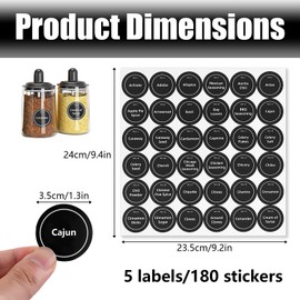 Spice Jar Labels, 180 Pcs Kitchen Jar Stickers, Seasoning Labels for Round or Rectangular Jars (Black)