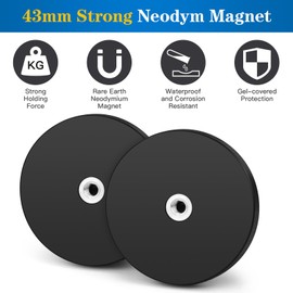 Wukong Rubberised Magnets Diameter 43 mm, Pack of 2 Strong Magnets Non-Slip with M4 Flat Thread, Magnets with Thread for Vehicles, Lamps, Attaching Tools