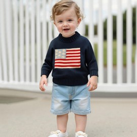 Toddler Baby Boy Girl 4th of July Outfit Long Sleeve Crewneck American Flag Sweater Memorial Day Patriotic Pullover Knit Tops (Blue, 6-9 Months)