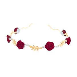 Elandy 1PCS Rose Flower Faux Pearl Headband Floral Hairband Thin Brim Bridal Headpiece for Women Hair Hoop Red