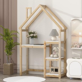 House-Shaped Study Desk with Bookshelf & Toy Storage Natural Pine Wood Writing Table for Bedroom
