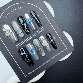 100% 5D Handmade Press on Nails with Snake Charms Medium Coffin Nails Press ons Balck Silver False Nails Cruve Line Press on Nails Fall Fake Nails for Women Girls Daily Wear DIY Manicure Size M