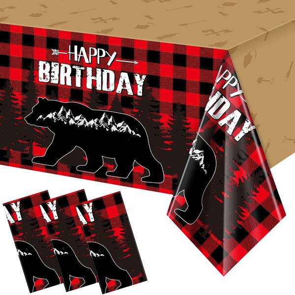 3 Pack Lumberjack Party Supplies Boy Girl Birthday Tablecloth Decorations Plastic Buffalo Plaid Table Cover Lumberjack Table Cloth for Baby Shower, First Birthday,Christmas Party Favors,54 x 108 Inch