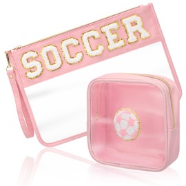 Sunnymove 2 Pcs Pink Soccer Cosmetic Bag Gifts with Chenille Letter Patch Clear Makeup Pouch PVC Toiletry Zipper Travel Pouch Waterproof Portable Storage Bag for Back to School Her Girls Women Players