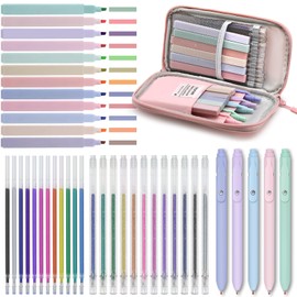 Daerthotk 42 Pack Gel Pens for Coloring Books, 5 Gel Pens 0.5mm Black Ink, 12 Vibrant Sparkle Metallic Glitter Pens with 12 extra refills for enduring use, 12 Pastel Highlighters for Man Woman(Pink)