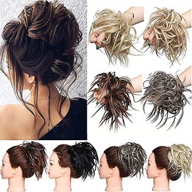 Messy Hair Bun Chignons Synthetic Hair Extensions Wavy Donut Updo Scrunchy Curly Hairpieces Ash Blonde to Bleach Blonde