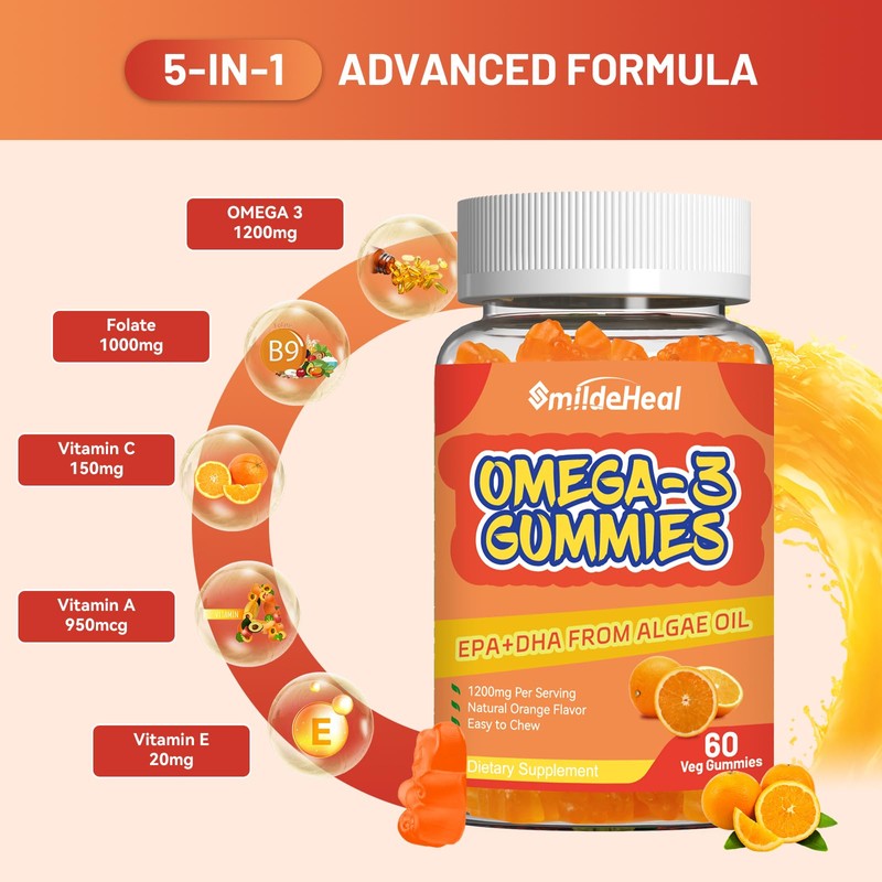 Omega 3 Gummies Supplement 1000mg, High Absorption DHA & EPA,