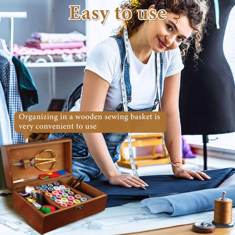 Sewing Kit Wooden Sewing Box with Accessories Retro Wooden Sewing