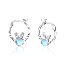 PRAYMOS Moonstone Rabbit Hoop Earrings 925 Sterling Silver Cute Animal Earrings Hypoallergenic Ear Jewellery Birthday for Women
