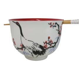 Japanese Crane On Cherry Blossoms Ceramic Donburi Ramen Bowl With Chopsticks Set