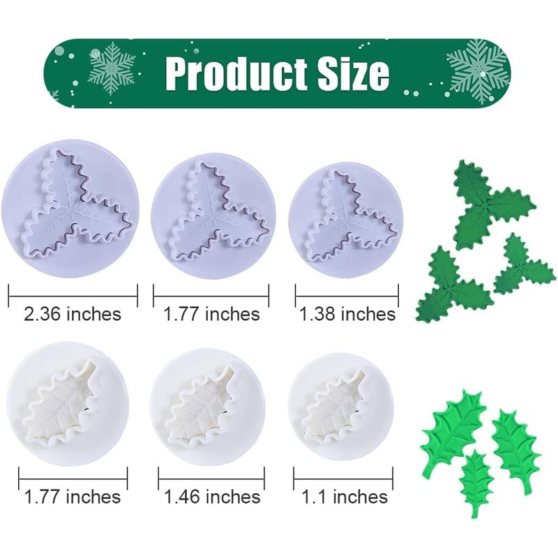 6PCS Christmas Fondant Moulds Holly Leaf Plunger Cutter Holly Leaf
