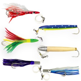 Tuna Fishing Lures Set – Cedar Plug, Tuna Feather, Jet Head & Bullet Lures Combo with 6-Pocket Saltwater Lure Bag – Ideal for Offshore Trolling