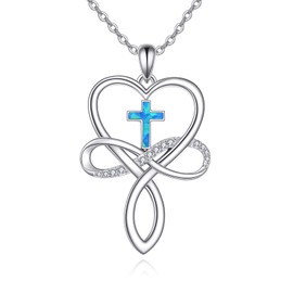 YFN Cross Necklace Sterling Silver Blue Opal Cross Pendant Necklace Infinity Heart Cross Jewellery for Women Christian Gifts