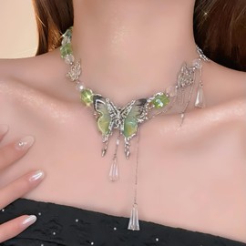 MOSTORY Green Butterfly Fairy Necklace - Woodland Beaded Choker with Crystal Tassel Chain and Butterfly, Forest Renfaire Necklace for Women Fairycore Aesthetic Fantasy Vintage Jewelry