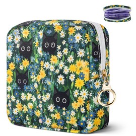 Likesing Tampon Holder for Purse, Canvas Period Bag Sanitary Napkin Storage Bag for Girls Womens, Portable Feminine Emergency Pad Period Pouch(Daisy Black Cat)