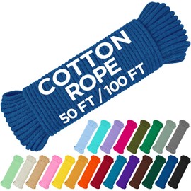 TECEUM Cotton Rope 3/16” (5 mm) – 100 FT – Strong All-Purpose Braided Rope – Natural Cotton – for Crafting, Сamping, Clothes Line, DIY, Indoor & Outdoor Use – Blue