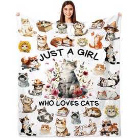 Cat Blanket for Cat Lovers, Cat Blanket Gifts, Cat Lover Gifts, Cat Gifts for Cat Lovers, Just A Girl Who Loves Cats, Soft Flannel White Cats Pattern Throw for Girls Women Kids 50x40