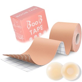 Cinta para Busto y Cubre Pezones para Mujer, 5M*5CM Cinta Levanta Busto de Algodón y Pezoneras de Silicona Adhesiva para Vestidos o Blusas, Cinta para Pechos Boob Tape Invisible, Cinta Push Up Pecho