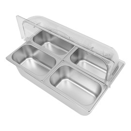 Ice Food Serving Display Tray, 4 Pan Stainless Steel Salad Bar Buffet Station with 4 Spoons + 4 Clamps, Cold Food Buffet Server for Parties, Pizza Topping Station Cooling Trays