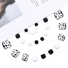 Handcess False Toenails Black White Press on Toe Nail Glossy Fake Toe Nails Full Cover Acrylic Toe Nail Art Tips for Women Girls 24Pcs