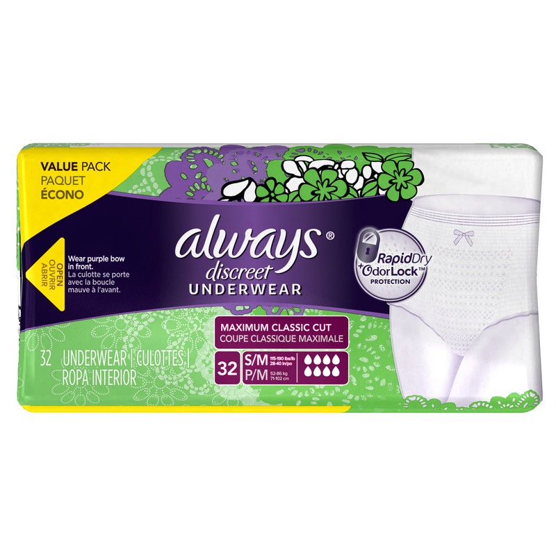 Always Discreet, Incontinence Underwear, Maximum Absorbency, Small/Medium, 32 Count