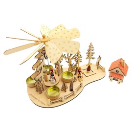 Wichtelstube-Kollektion Christmas Pyramid Tea Light Pyramid with Smoking House Ski Pyramid Christmas for Tea Lights, Skiers Real Wood Smoking Man 2024 with 4 Tea Lights