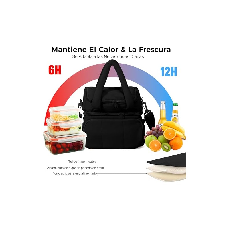 Lonchera Térmica con Doble Compartimento para Hombre Mujer, Bolsa de