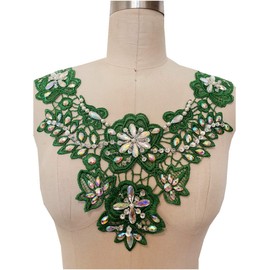 wtbv.n 062 - Hand-Stitched White Red and Blue Multi-Colored Water Diamond Lace Decal Nail Bead Clothing Accessories Neck Lace (Green)