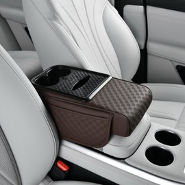 Car Armrest Center Console Pad, Ergonomic 7cm Height Boost, Side Pockets, Built-in Tissue Box& Cup Holder, Universal Fit for Most Sedan Vehicles (Checkerboard, Coffee)