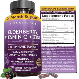 Viva Naturals Elderberry with Vitamin C and Zinc for Adults - 5 in 1 Sambucus Black Elderberry Capsules with Vitamin D3 5000 IU Immunity Supplement, S