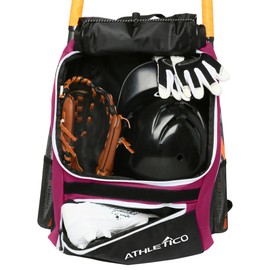 Athletico - Mochila para equipo de béisbol y softball para jóvenes y adultos | Capacidad para bate, casco, guante, zapatos, compartimento para zapatos y gancho para valla, Granate