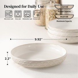 DOWAN Large Pasta Bowls Set of 4, 54 oz Embossment Salad Serving Bowls, Ceramic Plates, White Soup Bowl for Kitchen Meal Prep, Shallow Dishes Dinner Bowl Microwave Tableware