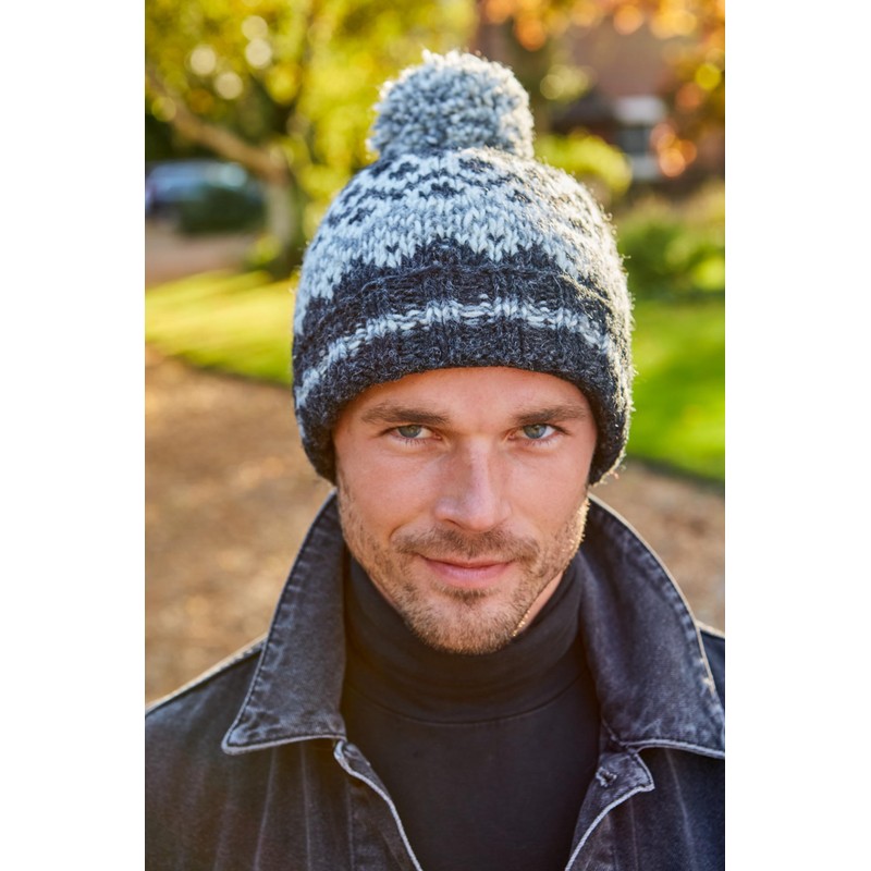 Pachamama Men Wool Beanie Bobble Hat Fleece Lined Handknitted Contemporary