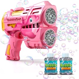 Jasny Rechargeable Pink Dolphin Bubble Gun LED Light Bubble Blower w/ 2 Refill Bottles