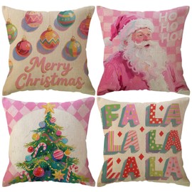 Winter Holiday Pink Decorative Throw Pillow Covers Merry Christmas Cushion Covers with Santa Xmas Tree and Ornaments Seasonal Decor Pillowcases 18 x 18 Inc,4Pack for Sofa Couch